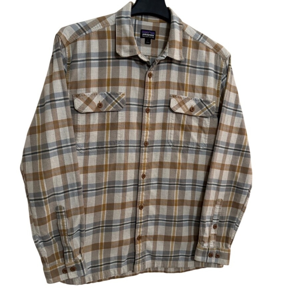 Patagonia Button Down Shirt Mens L Organic Cotton Long Sleeve Pocket Plaid Cream